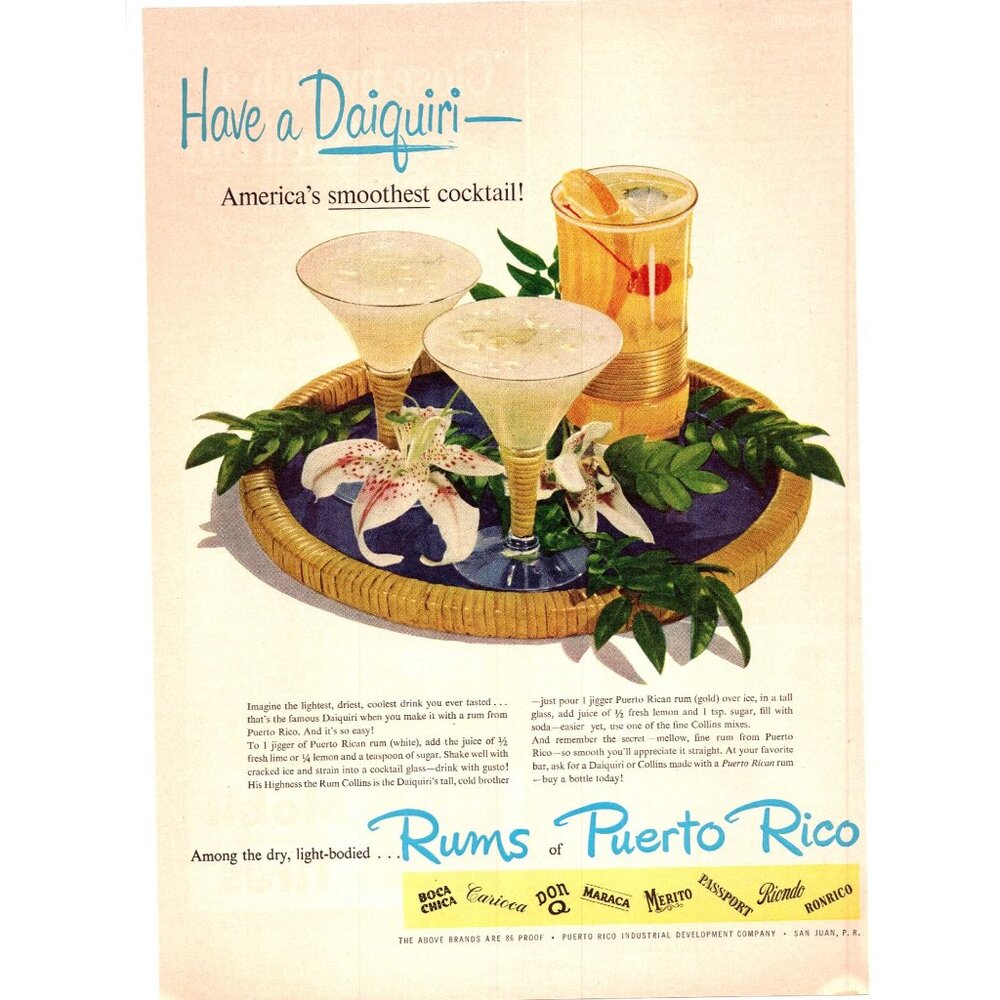 1950 Rums of Puerto Rico Cocktail Tray Vintage Print Ad Lily Flower 50s Wall Art